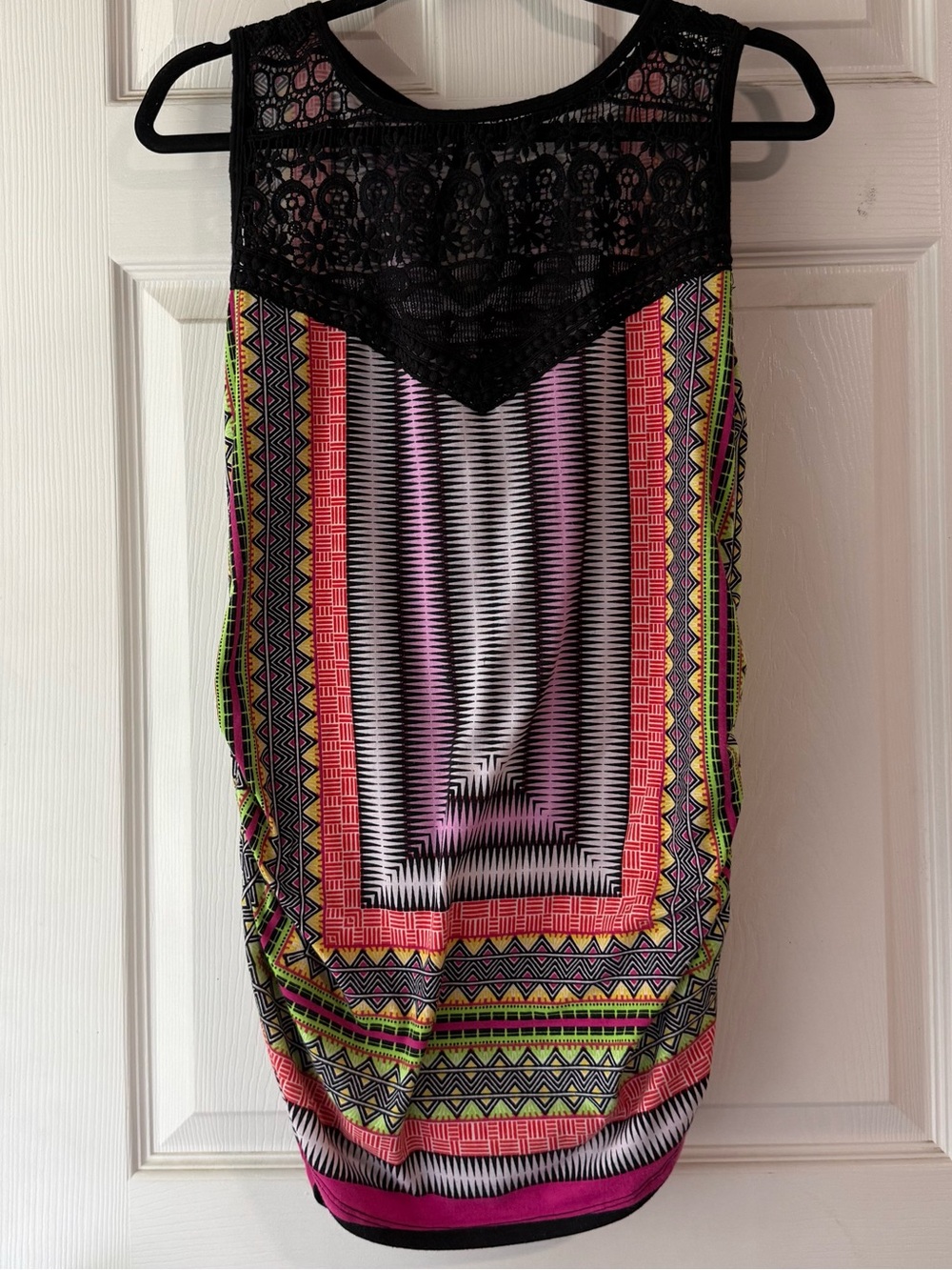 Bisou Bisou Boho Size Large Art Aztec Knit Shirt Scrunch Sides Summer Neon Lace
